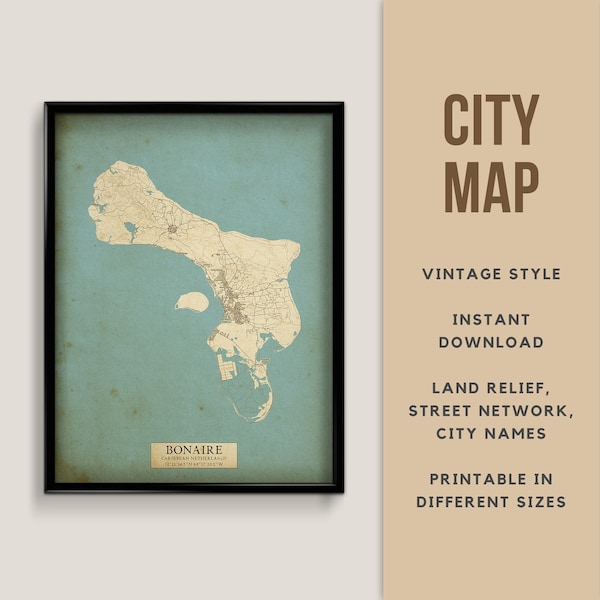Printable Vintage Style Map of Bonaire Island, Kralendijk Caribbean Sea - Instant Download \ Street Map \ Map Poster \ Antique Style