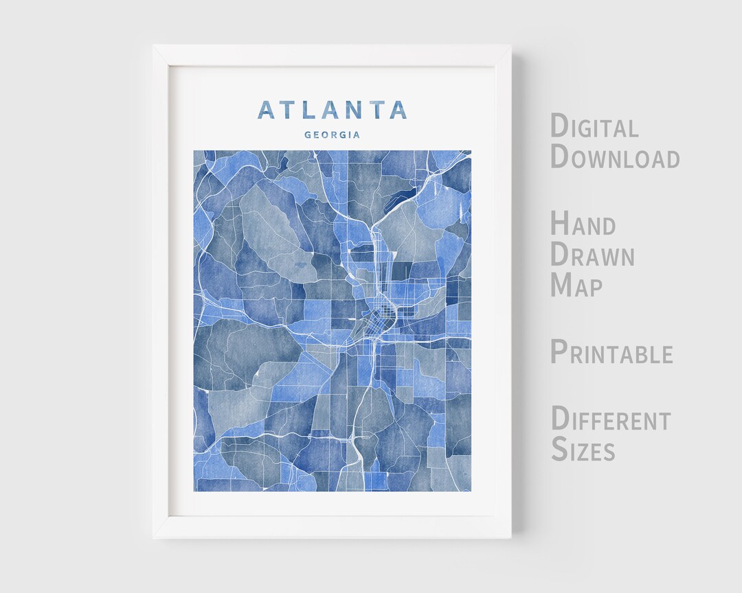 Printable Watercolor Map of Atlanta, Georgia, United States - Instant ...