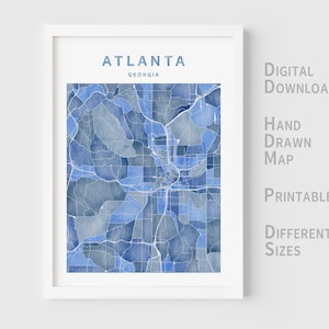 Druckbare Aquarell Karte von Atlanta, Georgia, USA - Sofort Download \ Stadtplan \ Wandkunst \ Handgezeichnet