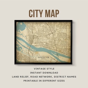 Afdrukbare kaart in vintage stijl van Vancouver (Washington, VS) - direct downloaden \ stratenplan \ kaartposter \ antieke stijl \ kaartafdruk