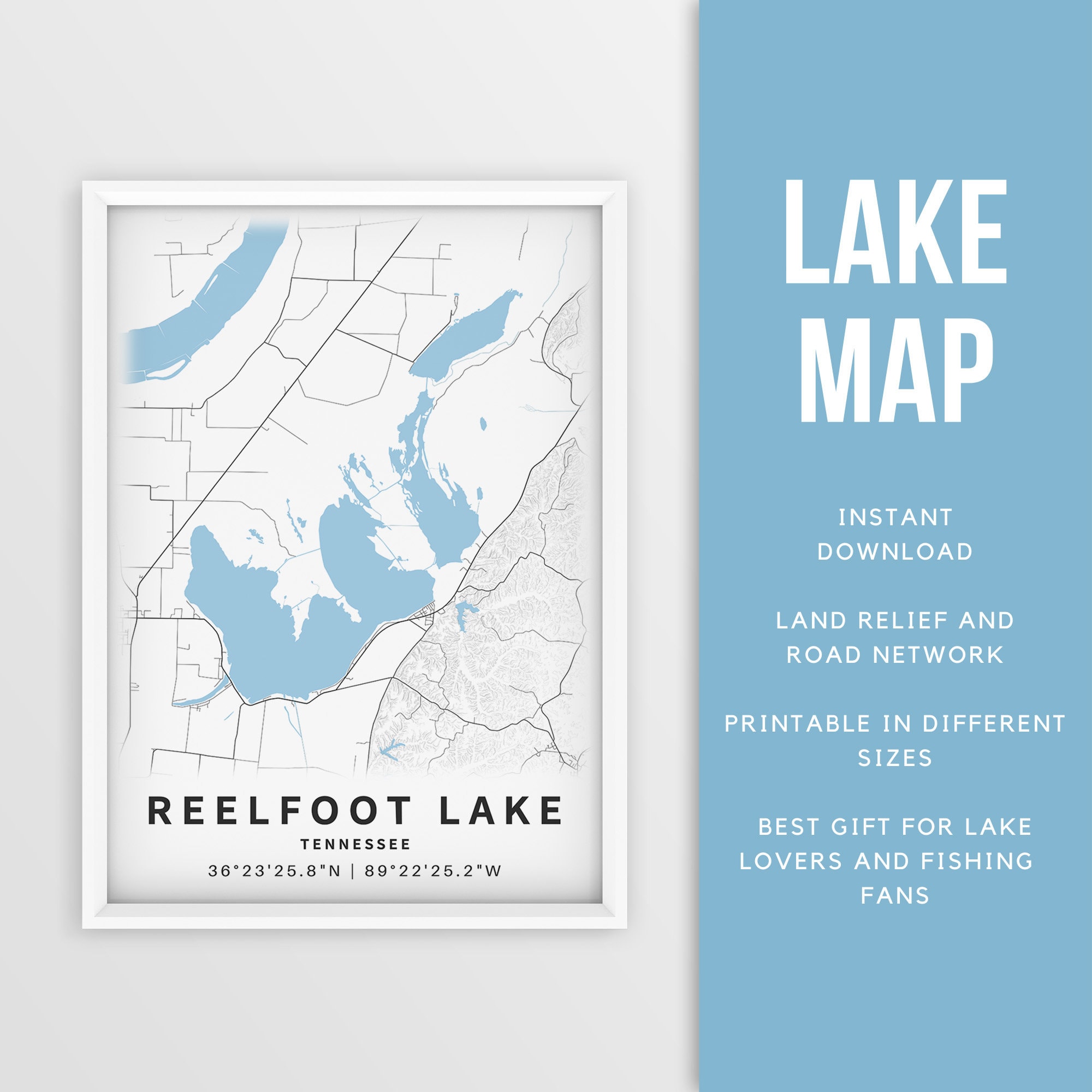 Printable Map of Reelfoot Lake, Tennessee, US Instant Download