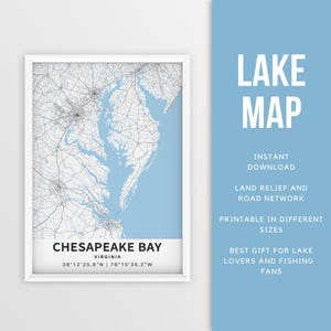 Mapa imprimible de la Bahía de Chesapeake, Península de Delmarva, Virginia, EE. UU. - Descarga instantánea \ Mapa del lago \ Cartel del mapa \ Decoración de la casa del lago \ Paseos en bote