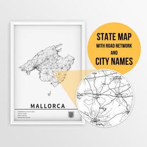 Landkarte von Mallorca, Spanien mit Städtenamen und Straßen - Sofortdownload \ Map Art * Map Material / Reiseplaner • Palma Poster