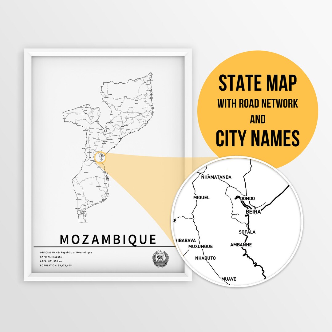 Mapa de Moçambique para impressão com nomes de cidades e estradas ...