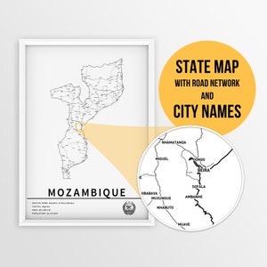 Mapa de Moçambique para impressão com nomes de cidades e estradas - Download instantâneo \ Mapa do país \ Cartaz do mapa \ Mapa de alfinetes \ Planejador de viagens \ Maputo