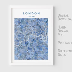 Afdrukbare aquarelkaart van Londen, Engeland, Verenigd Koninkrijk - Instant Download \ Stadsplattegrond \ Kunst aan de muur \ Handgetekend