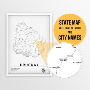 Carte imprimable de l'Uruguay avec les noms des villes et des routes - téléchargement immédiat \ carte du pays \ impression de carte \ carte à épingles \ planificateur de voyage \ art mural