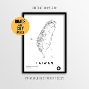 Taiwan Map Poster, Printable East Asia Road Map with City Names (Instant Download)