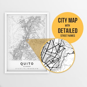 Printable Map of Quito, Ecuador with Street Names - Instant Download \ City Map \ Travel Gift \ City Poster \ Road Map Print \ Street Map
