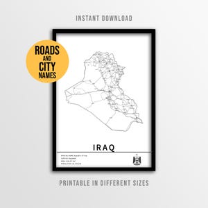 Iraq Map Poster, Printable Country Road Map with City Names (Instant Download)