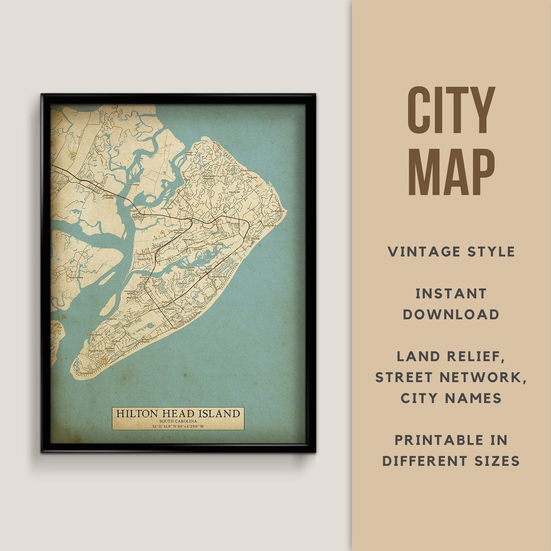 Printable Vintage Style Map of Hilton Head Island, South Carolina, USA ...