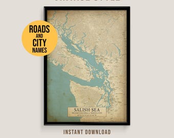 Salish Sea Vintage Style Map, Printable Puget Sound Lake House Poster (Instant Download)
