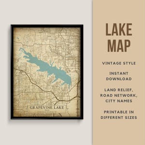Mapa de estilo vintage imprimible de Grapevine Lake, Texas, EE. UU. con nombres de ciudades - Descarga instantánea \ Mapa de lagos \ Arte de pared \ Mapa de lagos \ Mapa rústico