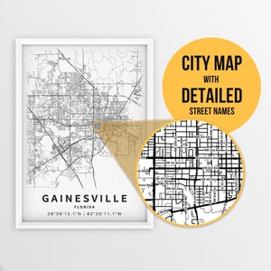 Afdrukbare kaart van Gainesville, Florida, VS met straatnamen - Instant Download \ Stadsplattegrond \ Reiscadeau \ Stadsposter \ Routekaart afdrukken
