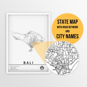 Mapa para impressão de Bali, Indonésia com nomes de cidades e estradas - Download instantâneo \ Mapa do estado \ Impressão artística do mapa \ Planejador de viagens \ Mapa de alfinetes