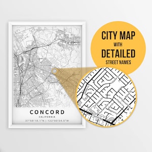 Druckbare Karte von Concord, Kalifornien, USA mit Straßennamen - Sofort Download \ City Map \ Travel Gift \ City Poster \ Road Map Print