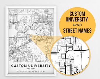 Custom Map of Your University, College or High School with Street Name - Digital Download \ Graduation Gift \ Student art \ Printable Map