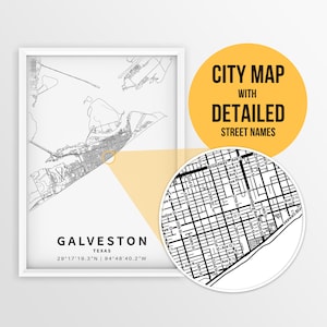 Druckbare Karte von Galveston, Texas, USA mit Straßennamen - Sofortiger Download ""Karte"""