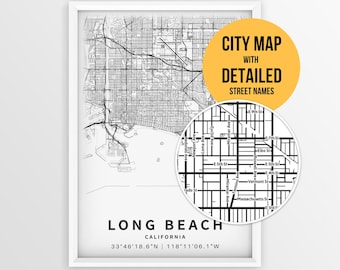 Mappa di Long Beach, California, con i nomi delle strade, poster stampabile della città di Long Beach (download immediato)