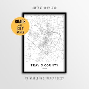 Travis County Map Poster, Printable Texas Road Map with City names (Instant Download)