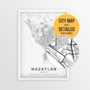 メキシコ、マサトランの地図（通り名入り）、印刷可能なマサトラン市ポスター（即時ダウンロード）