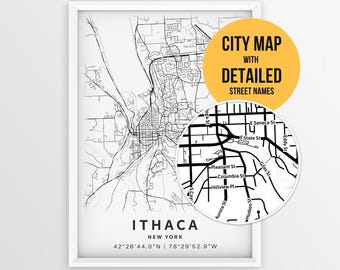 Ithaca New York Map mit Straßennamen, Ithaca City Poster zum Ausdrucken (Instant Download)