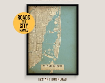 Miami Beach, Florida Vintage Style Map, Printable Ocean Drive Poster (Instant Download)
