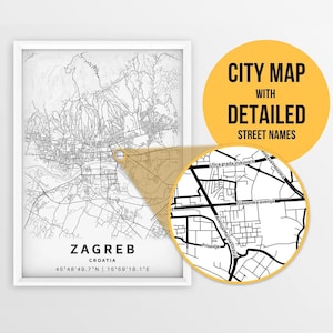 Mapa para impressão de Zagreb, Croácia com nomes de ruas - Download instantâneo \ Mapa da cidade \ Presente de viagem \ Cartaz da cidade \ Impressão de roteiro \ Plano da cidade
