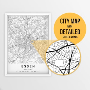 Essen, Ruhrgebiet, Stadtplan mit Straßennamen - Sofort Download ~ Karte ~ ~ Stadt Poster ~ Strassen Karte Drucken ~ Karten Kunst