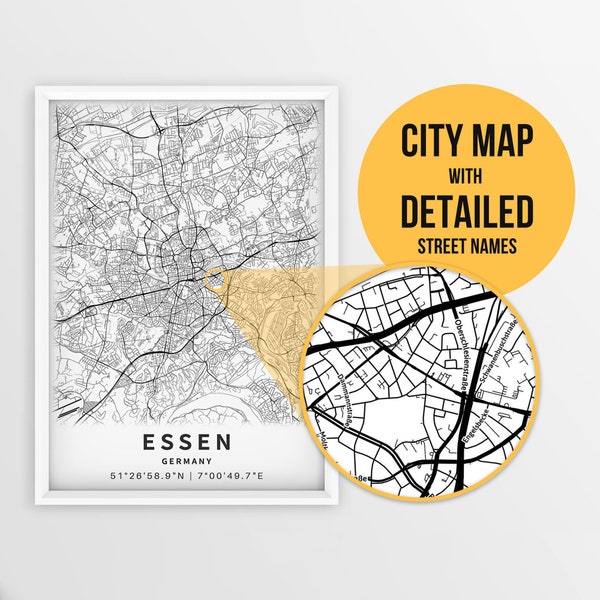 Printable Map of Essen, Ruhr, Germany with Street Names - Instant Download \ City Map \ Travel Gift \ City Poster \ Road Map Print \ Map Art