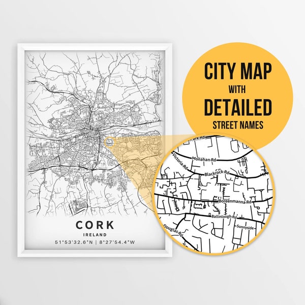 Printable Map of Cork, Ireland with Street Names - Instant Download \ City Map \ Travel Gift \ City Poster \ Road Map Print \ Wall Art