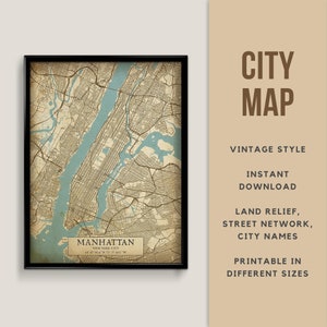 Druckbare Karte im Vintage-Stil von Manhattan, New York City, USA - Sofortiger Download \ Straßenkarte \ Wandkunst \ Kartenposter \ Antik \ Kartendruck