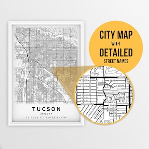 Printable Map of Tucson, Arizona, USA with Street Names - Instant Download \ City Map \ Travel Gift \ City Poster \ Road Map Print \ Map Art