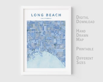 Mappa acquerello stampabile di Long Beach, California, Stati Uniti - Download immediato \ Mappa della città \ Arte murale \ Disegnata a mano