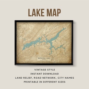 Mapa de estilo vintage imprimible del lago Watauga, Tennessee con nombres de ciudades - Descarga instantánea \ Arte de pared \ Mapa de carteles \ Estilo antiguo \ Lake House