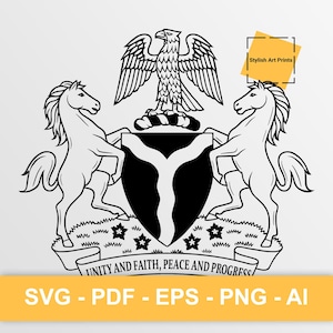 May include: Black and white illustration of a coat of arms featuring two rearing horses, an eagle, and a shield with a Y-shaped design. The banner reads "UNITY AND FAITH, PEACE AND PROGRESS". The image also includes the text "Stylish Art Prints" and file type options.