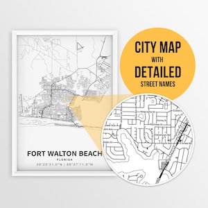 Afdrukbare kaart van Fort Walton Beach, Florida met straatnamen - Instant Download \ Stadsplan \ Reiscadeau \ Stadsposter \ Wegenkaart afdrukken