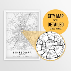 Mapa para impressão de Timișoara, Romênia com nomes de ruas - Download instantâneo \ Mapa da cidade \ Presente de viagem \ Cartaz da cidade \ Impressão de mapa de estradas \ Arte de parede