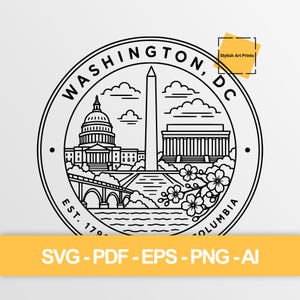May include: A circular black and white line art graphic of Washington, DC featuring the Capitol building, the Washington Monument, and the Lincoln Memorial. The design includes cherry blossoms, clouds, and the text Washington, DC and Est. 1790.