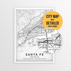 Santa Fe New Mexico Map with Street Names, Printable Santa Fe City Poster (Instant Download)