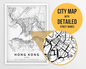 Printable Map of Hong Kong, Tsim Sha Tsui City, China with Street Names - Instant Download \ City Map \ Travel Gift \ City Poster \ Road Map