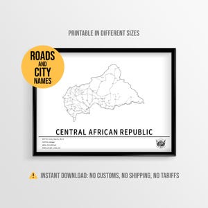 Central African Republic Map Poster, Printable CAR Road Map with City names (Instant Download)