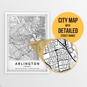 Mapa para impressão de Arlington, Virgínia, EUA com nomes de ruas - download instantâneo \ Mapa da cidade \ Presente de viagem \ Cartaz da cidade \ Impressão de mapa de estradas