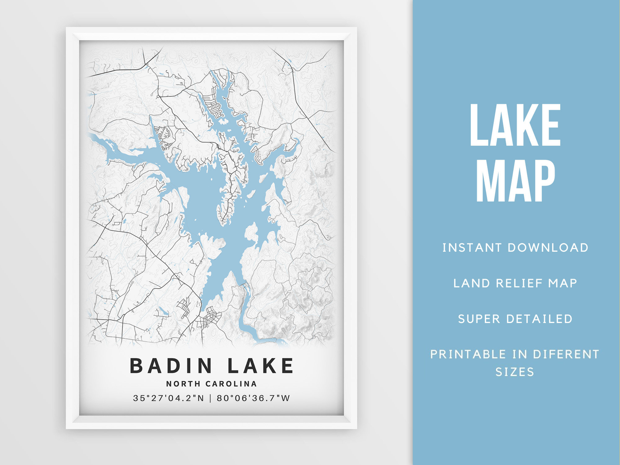 Printable Map of Badin Lake North Carolina United States Etsy