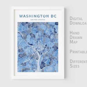 Carte aquarelle imprimable de Washington DC, États-Unis - Téléchargement instantané \ Plan de la ville \ Art mural \ Dessiné à la main