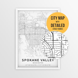 Spokane Valley Washington Map with Street Names, Printable Spokane City Poster (Instant Download)