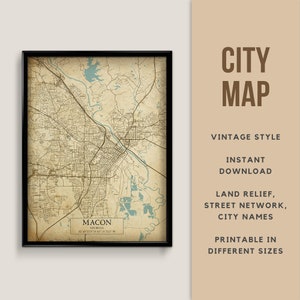Vintage Style Map of Macon, Georgia, USA - Instant Download \ Street Map \ Wall Art \ Map Poster \ Antique Style \ Map Print \ Georgia Gift