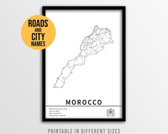 Marokko kaartposter, afdrukbare punaise wegenkaart met plaatsnamen (direct downloaden)