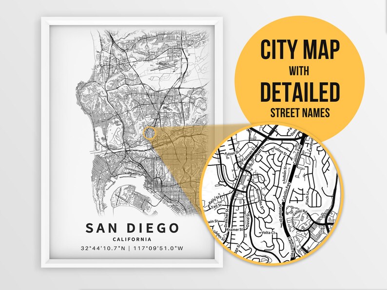 Printable Map of San Diego California USA With Street Names - Etsy