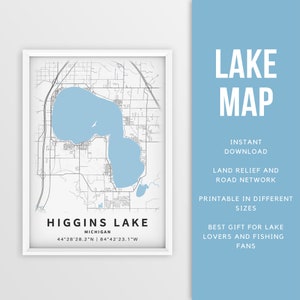 Mapa imprimible del lago Higgins, Michigan, EE. UU. - Descarga instantánea \ Mapa del lago \ Cartel del mapa \ Decoración de la casa del lago \ LakeLife \ Pesca \ Paseos en bote